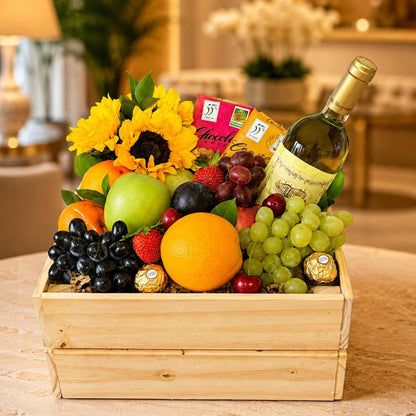 Joyful Box – Wooden Gift Box with Wine, Fresh Fruits & Chocolate