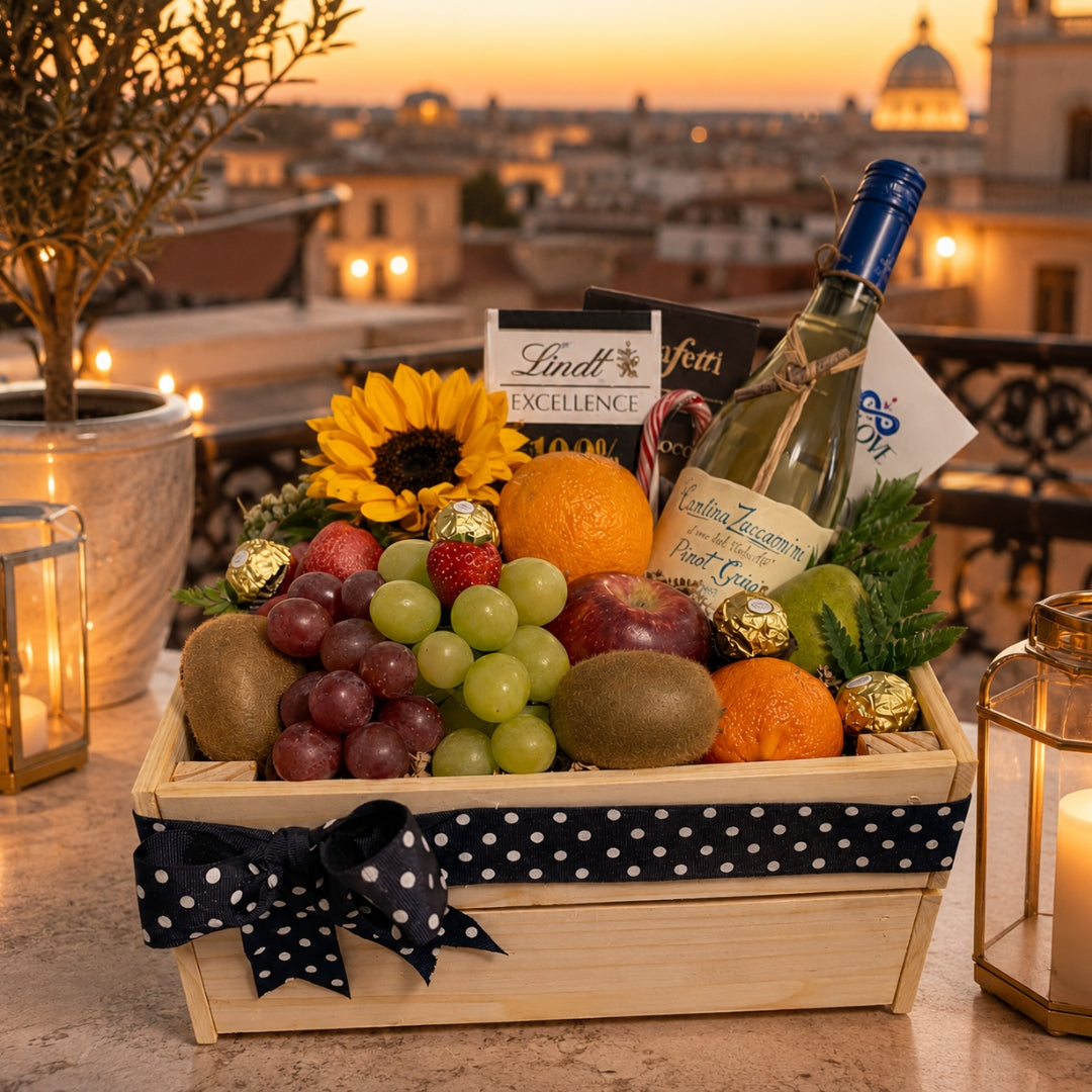 Joyful Box – Caja de Madera con Vino, Frutas Frescas y Chocolate