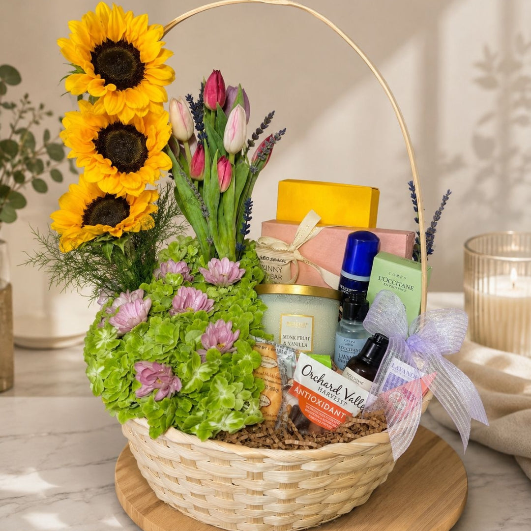 luxury floral and spa basket with sunflowers tulips hydrangeas aromatic candle and self care products in puerto rico
