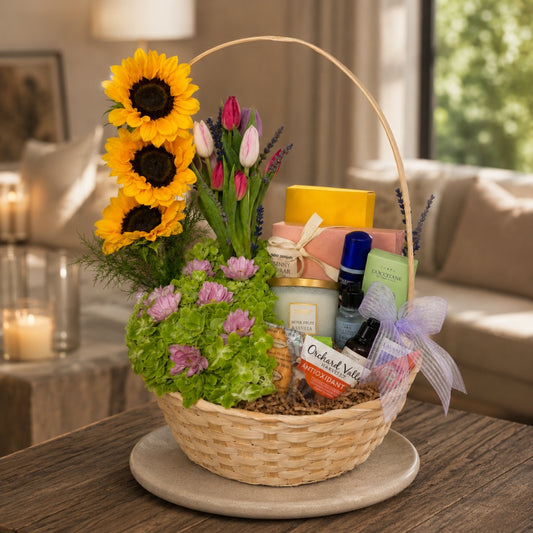 luxury floral and spa basket with sunflowers tulips hydrangeas aromatic candle and self care products in puerto rico
