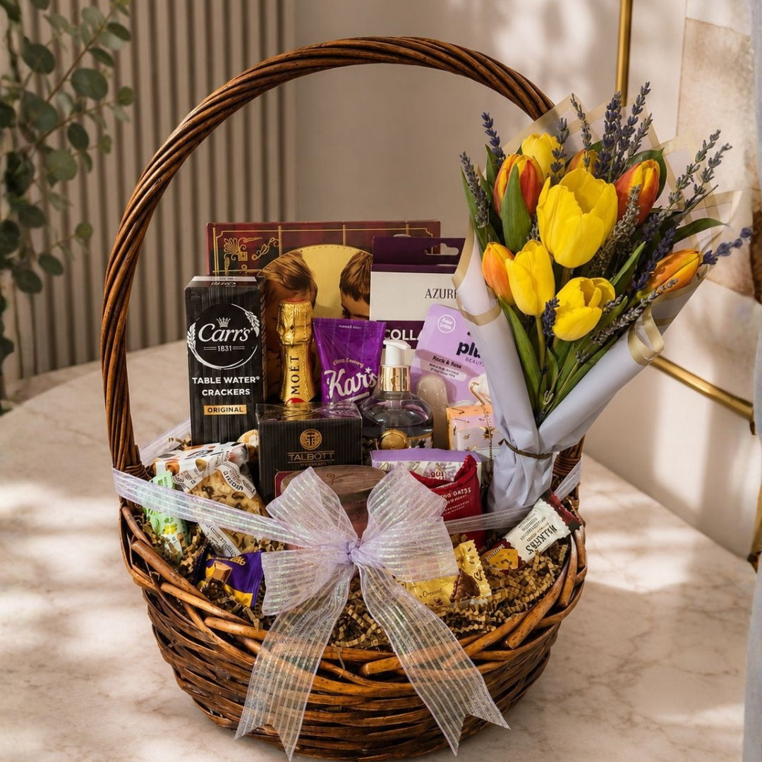 luxury spa gift basket with tulips lavender mini moet snacks and self care products puerto rico
