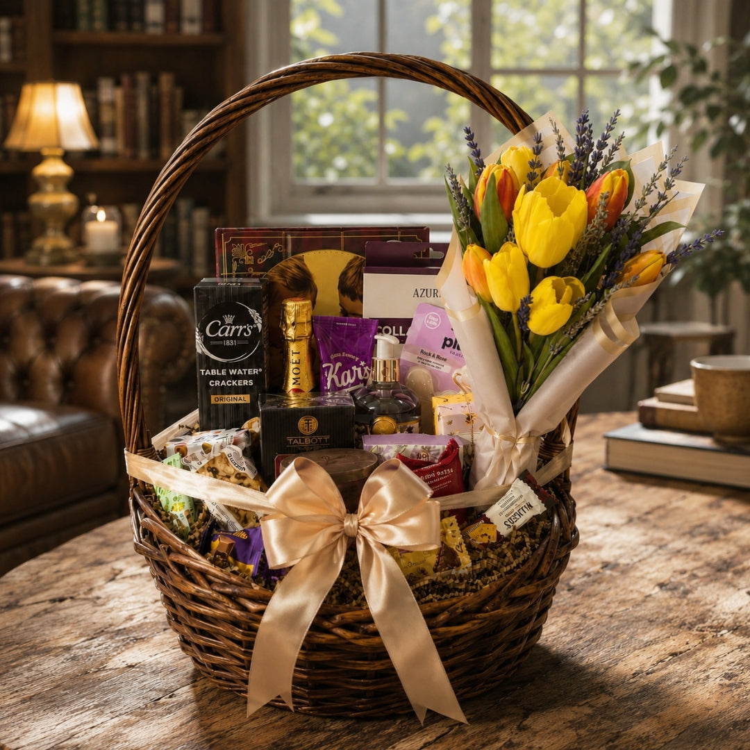 luxury spa gift basket with tulips lavender mini moet snacks and self care products puerto rico
