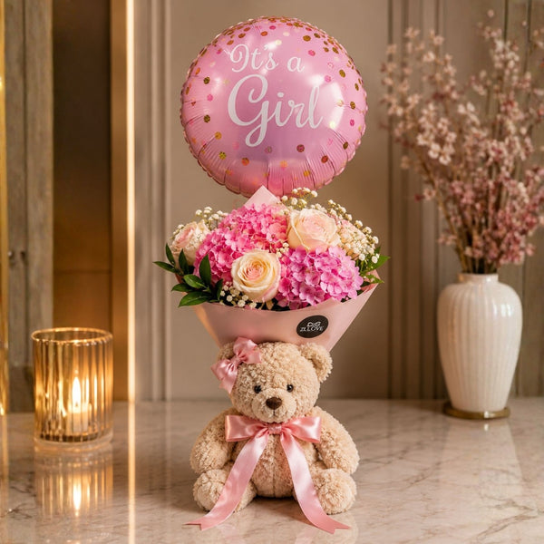 new baby flower arrangement with teddy bear and balloon puerto rico
