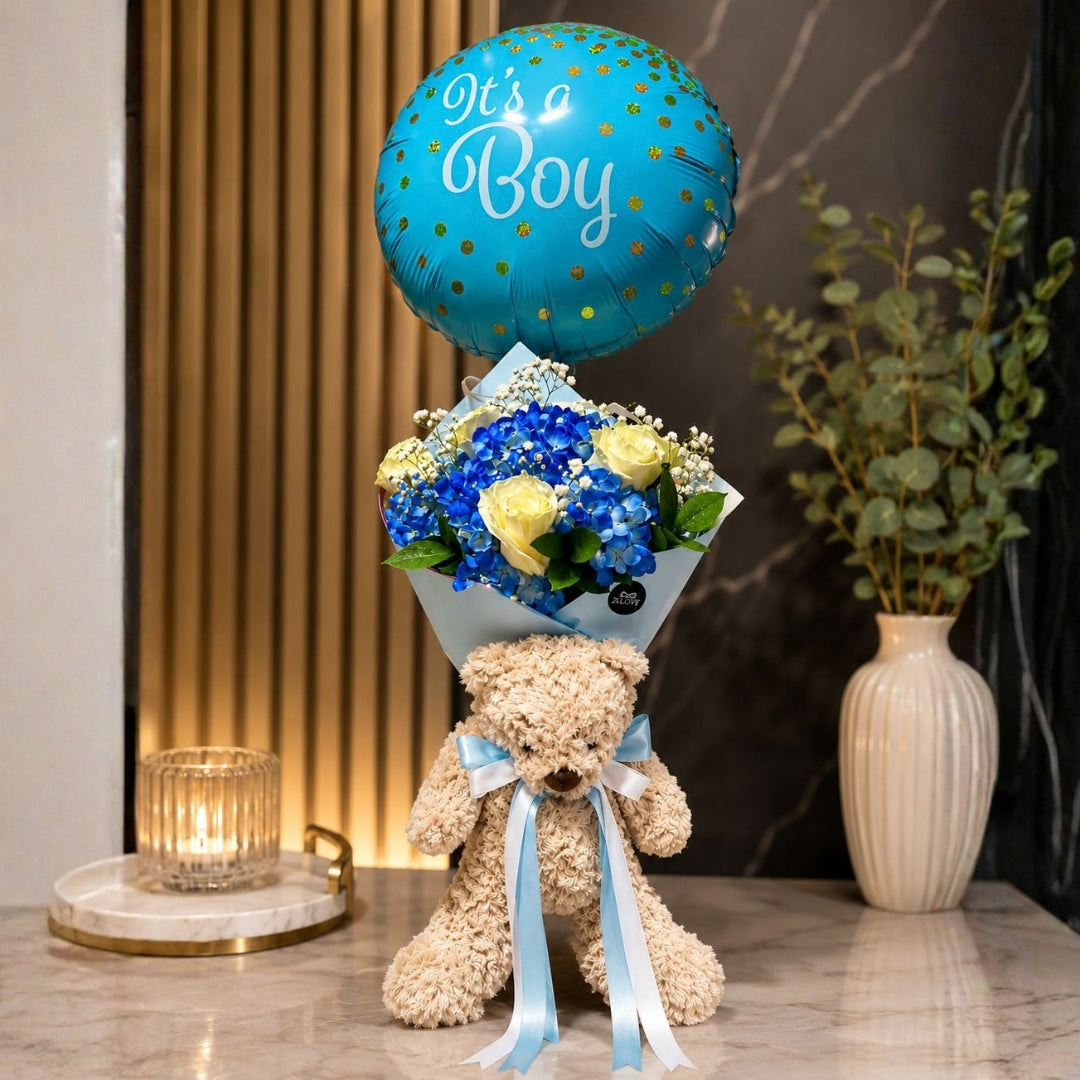 new baby flower arrangement with teddy bear and balloon puerto rico
