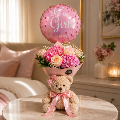 new baby flower arrangement with teddy bear and balloon puerto rico
