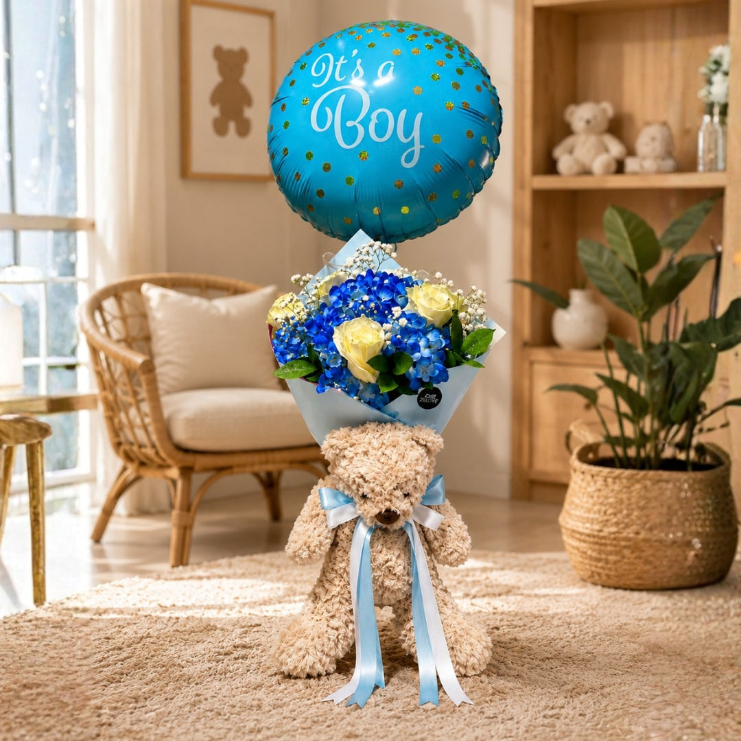 new baby flower arrangement with teddy bear and balloon puerto rico
