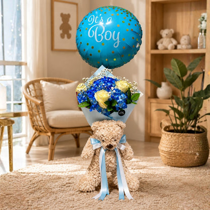 new baby flower arrangement with teddy bear and balloon puerto rico
