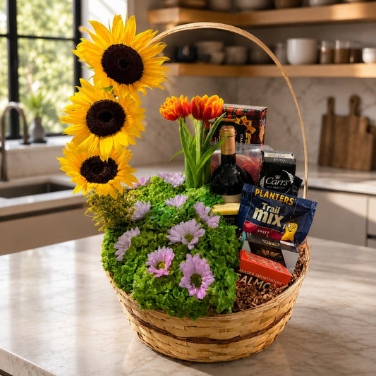 Luxury Charming Harvest – Canasta con Vino, Quesos, Embutidos, Delicias y Flores