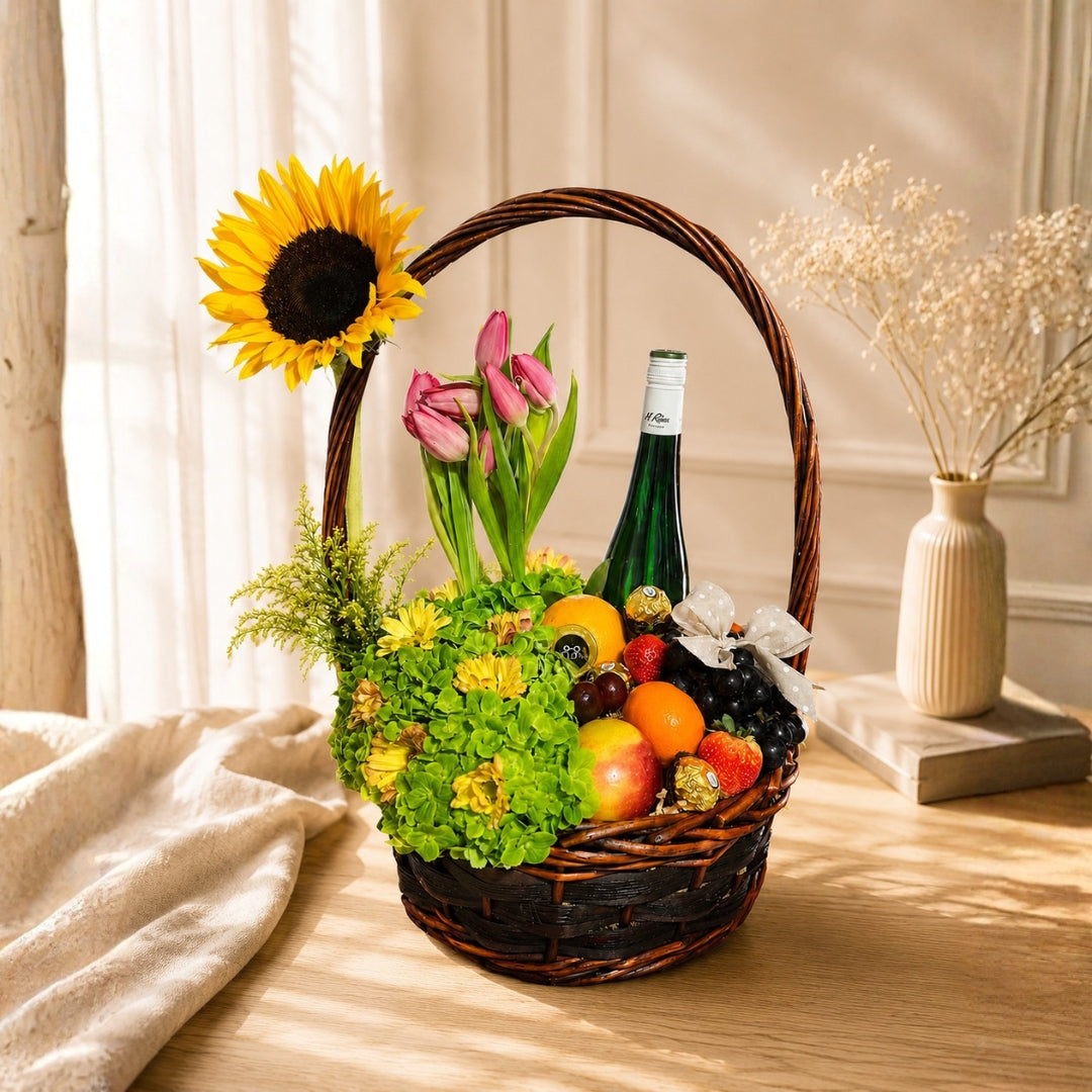 Luxury Charming Harvest – Canasta con Vino, Frutas y Flores