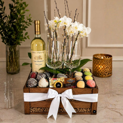 regalo romantico vino orquideas fresas macarons puerto rico