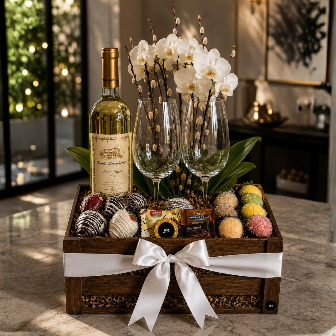 regalo romantico vino orquideas fresas macarons puerto rico