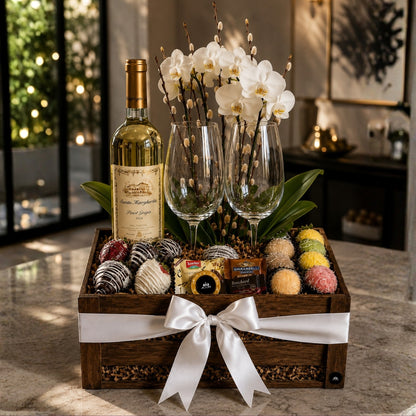 regalo romantico vino orquideas fresas macarons puerto rico