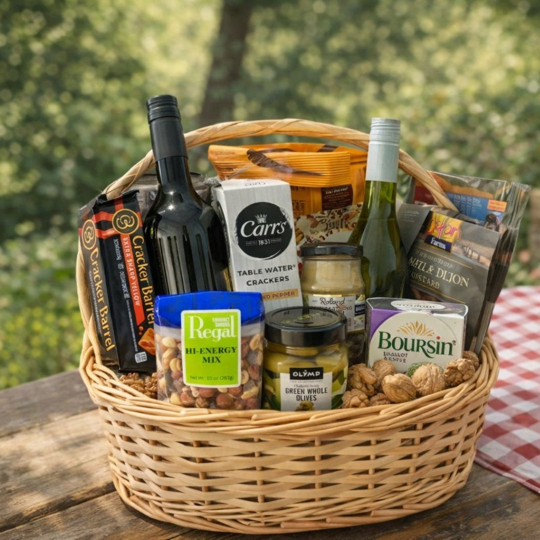 canasta gourmet con vinos queso aceitunas pretzels zulove puerto rico