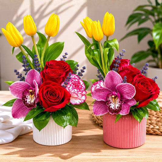 Office Breeze – Floral Arrangement with Tulips, Roses & Orchid