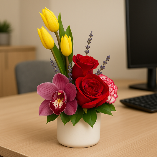 Office Breeze – Floral Arrangement with Tulips, Roses & Orchid