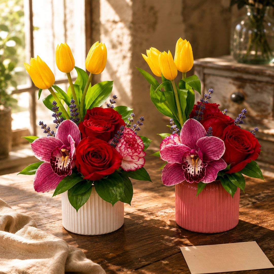 Office Breeze – Floral Arrangement with Tulips, Roses & Orchid