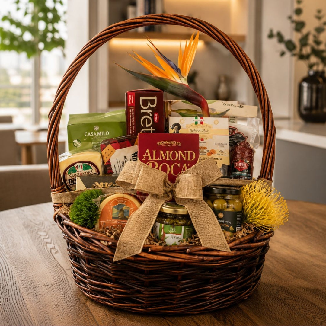 Paradise Gourmet Basket – Wine, Cheese & Floral Gourmet Gift