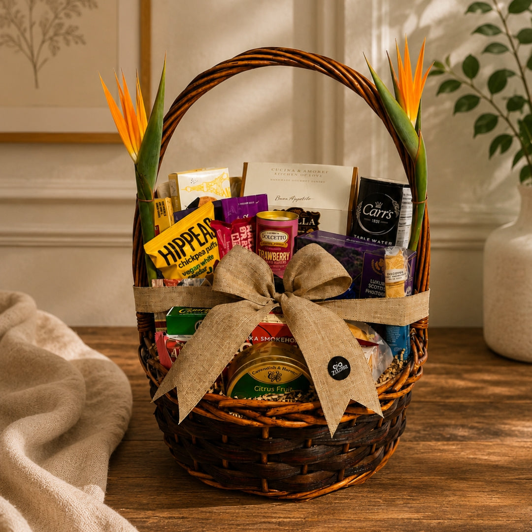 Paradise Gourmet Basket – Canasta Gourmet con Quesos, Carnes y Flor Ave del Paraíso
