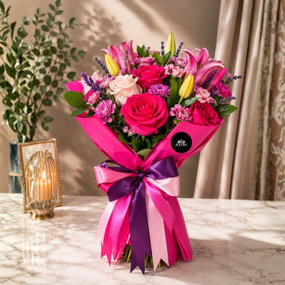 bouquet floral rosado elegante con rosas lirios tulipanes y lavanda puerto rico
