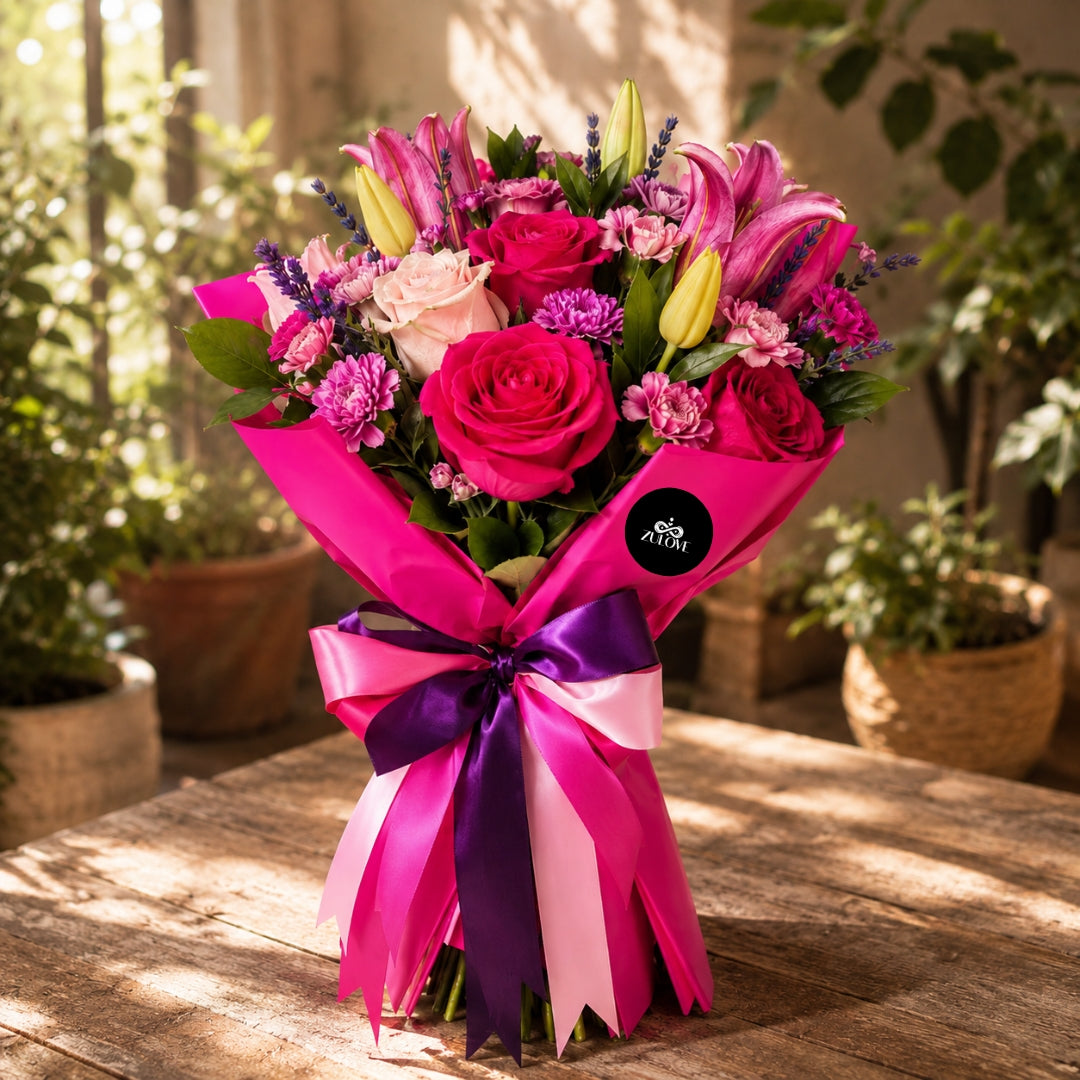 bouquet floral rosado elegante con rosas lirios tulipanes y lavanda puerto rico
