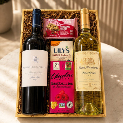 Premium Flavor Duo – Vinos Tinto y Blanco con Chocolate
