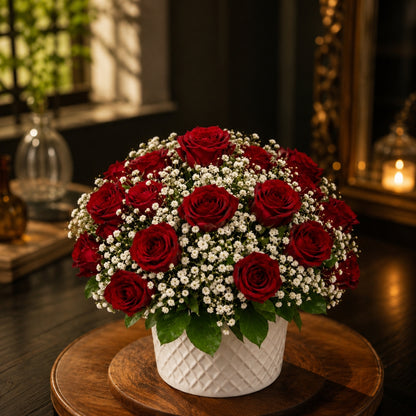 Pure Sentiment – Roses in White Vase