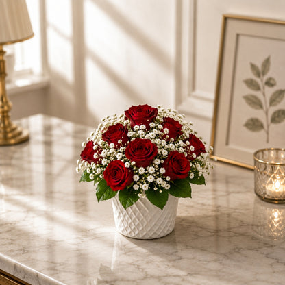 Pure Sentiment – Roses in White Vase