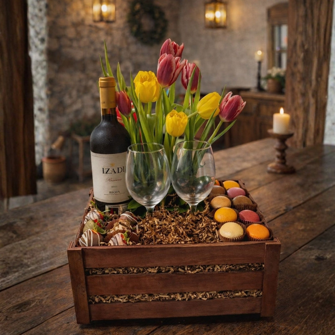 cesta romantica con vino tulipanes fresas chocolate macarons zulove puerto rico