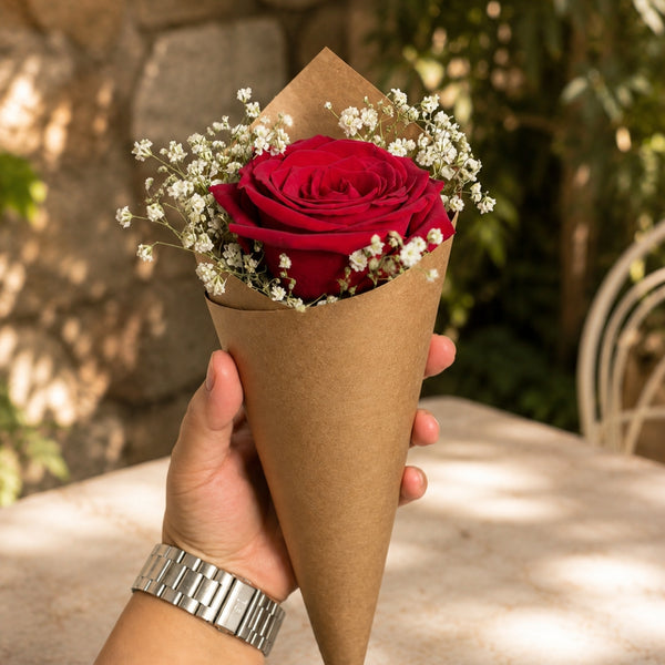 single red rose bouquet with babys breath in kraft cone puerto rico
