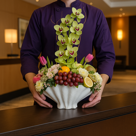 Shell Freshness – Floral & Fruit Arrangement with Orchids