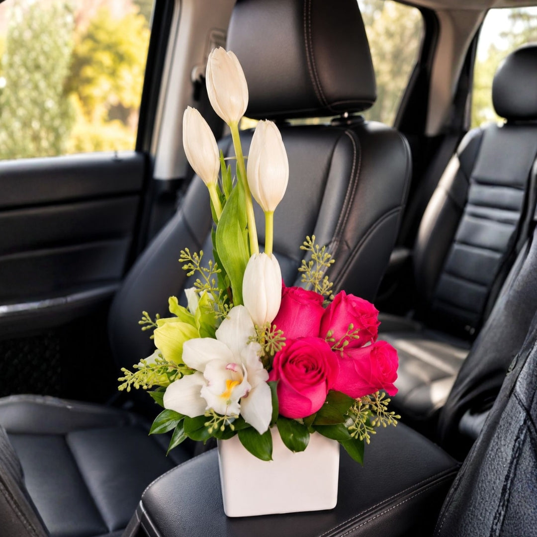 Sublime Touch I – Orchids, Roses & Tulips in Elegant Cube