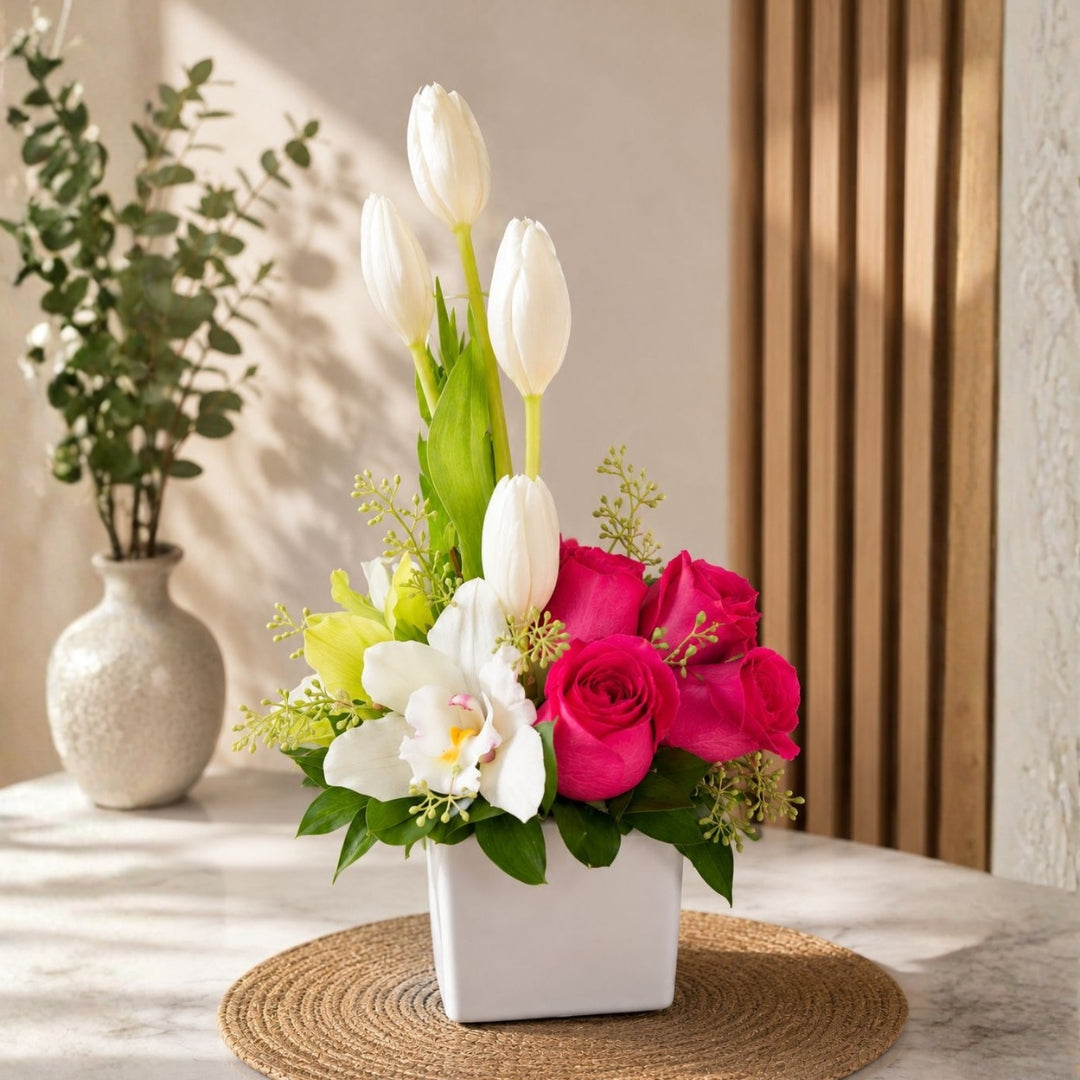 Sublime Touch I – Orchids, Roses & Tulips in Elegant Cube