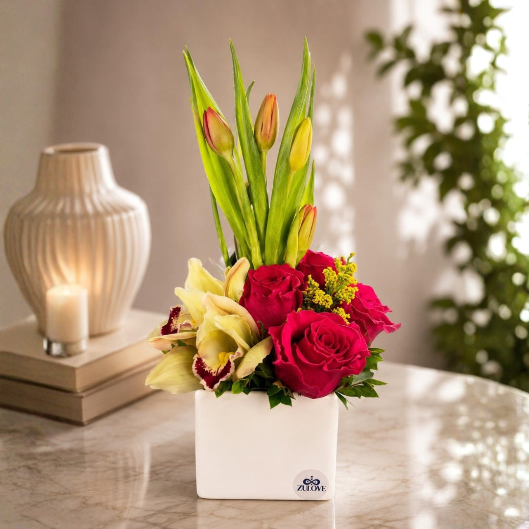 Sublime Touch I – Orchids, Roses & Tulips in Elegant Cube