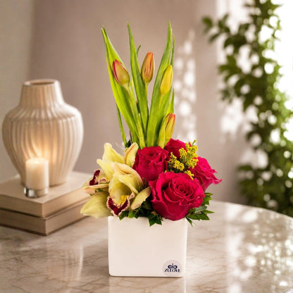 Sublime Touch I – Orchids, Roses & Tulips in Elegant Cube