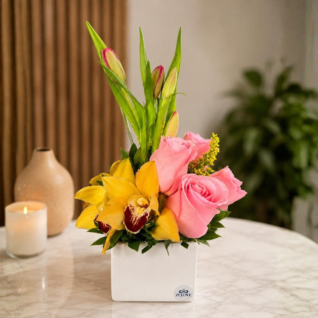 Sublime Touch I – Orchids, Roses & Tulips in Elegant Cube