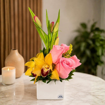 Sublime Touch I – Orchids, Roses & Tulips in Elegant Cube