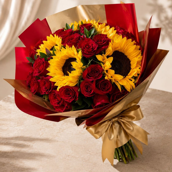 sunflower and rose bouquet with elegant wrapping puerto rico
