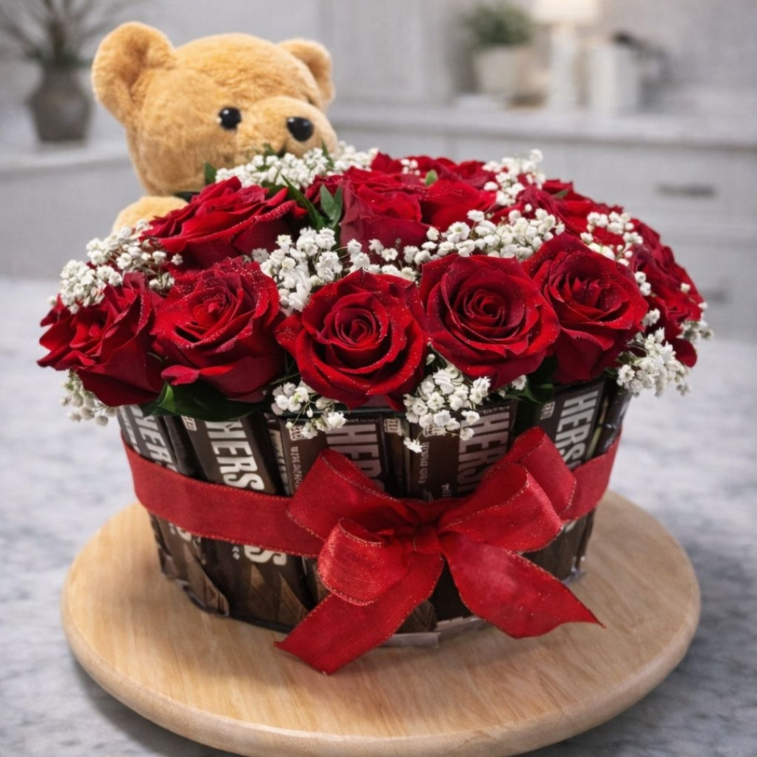 Sweet Bloom Hug | Roses, Teddy & Hershey Chocolate Basket – Zulove Puerto Rico