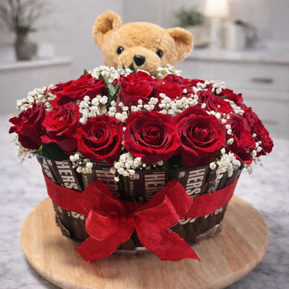 Sweet Bloom Hug | Roses, Teddy & Hershey Chocolate Basket – Zulove Puerto Rico