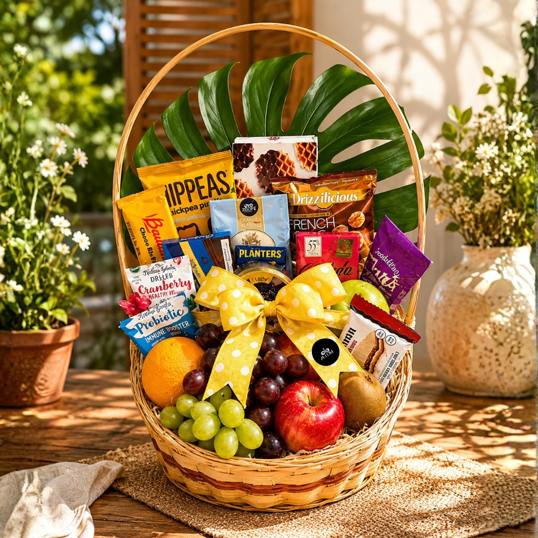 Sweet Gratitude Basket – Canasta con Frutas, Chocolates y Delicias
