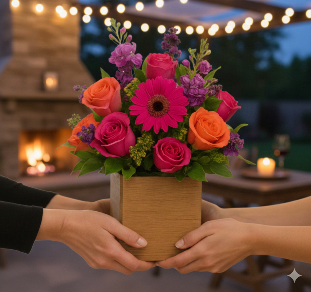 small wooden floral arrangement roses gerbera solidaster puerto rico