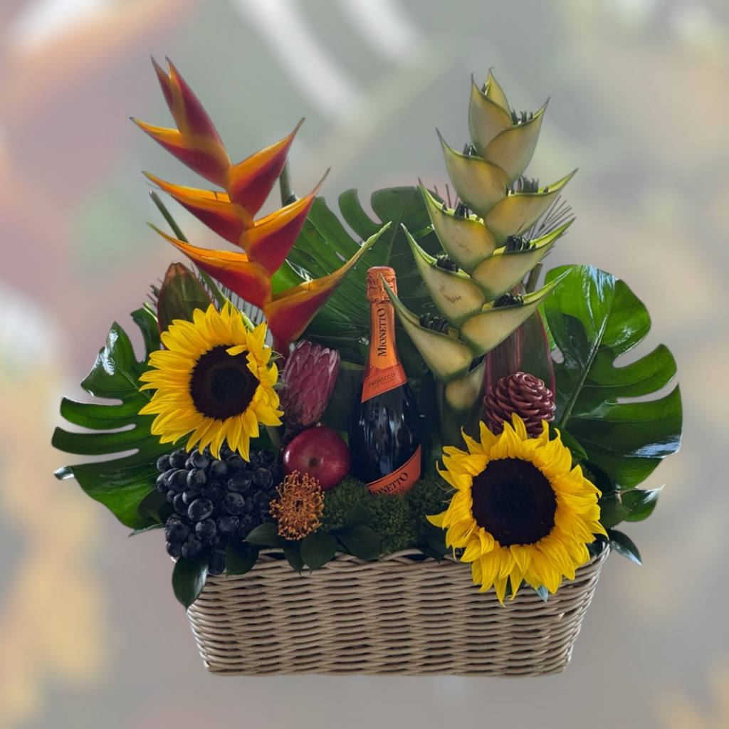 Tropical Toast – Basket with Flowers, Fruits & Sparkling Wine
