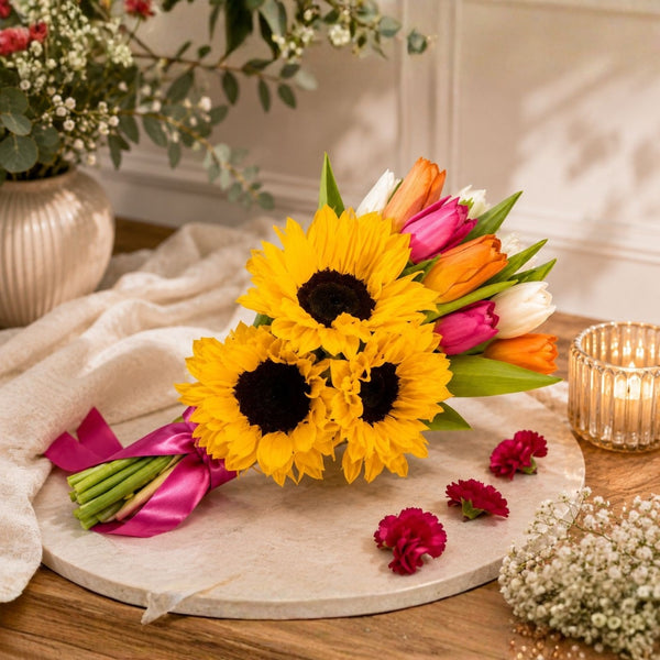 Tulips & Sun – Vibrant Bouquet of Sunflowers and Tulips