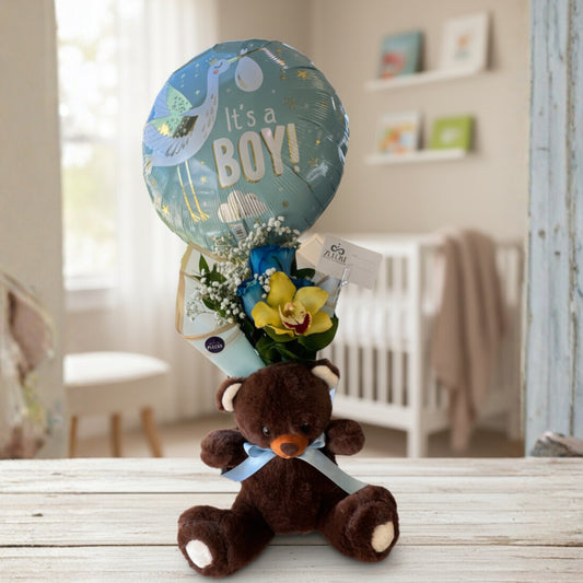 Welcome Baby Bouquet - Roses, Balloon & Teddy