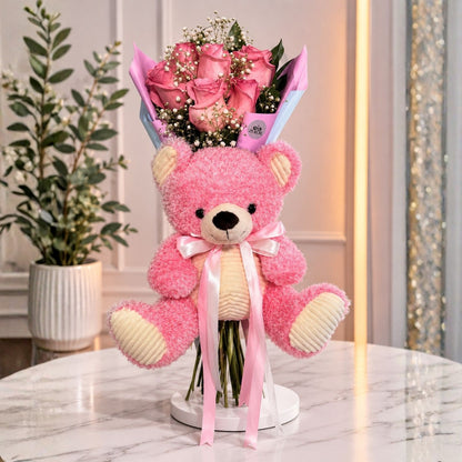 Welcome Baby Bouquet - Roses, Balloon & Teddy