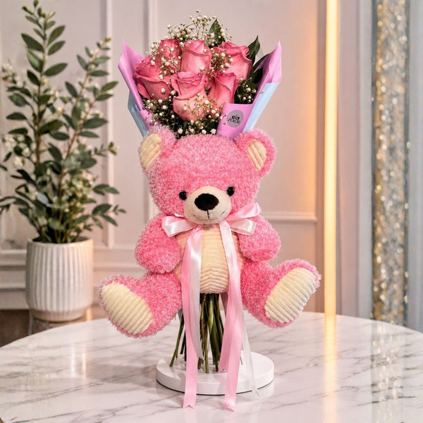 Welcome Baby Bouquet - Roses, Balloon & Teddy