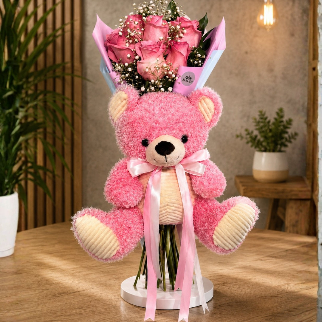 Welcome Baby Bouquet - Roses, Balloon & Teddy
