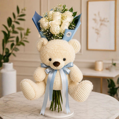 Welcome Baby Bouquet - Roses, Balloon & Teddy