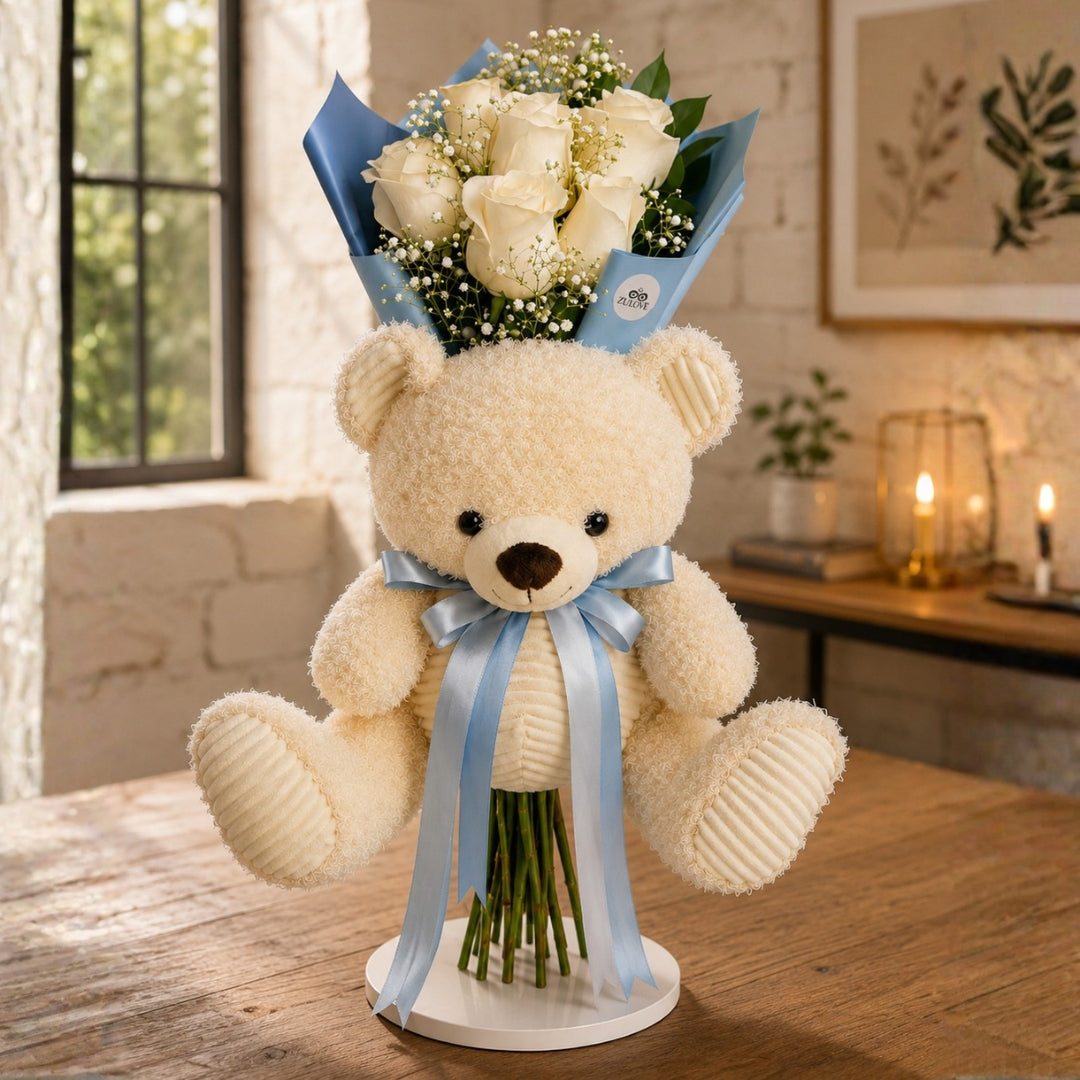 Welcome Baby Bouquet - Roses, Balloon & Teddy