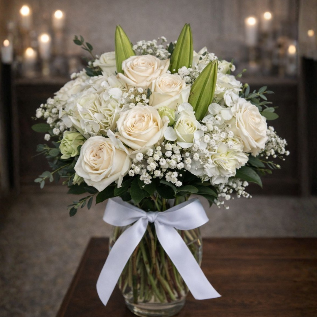 white floral arrangement roses hydrangea lilies baby breath glass vase zulove puerto rico